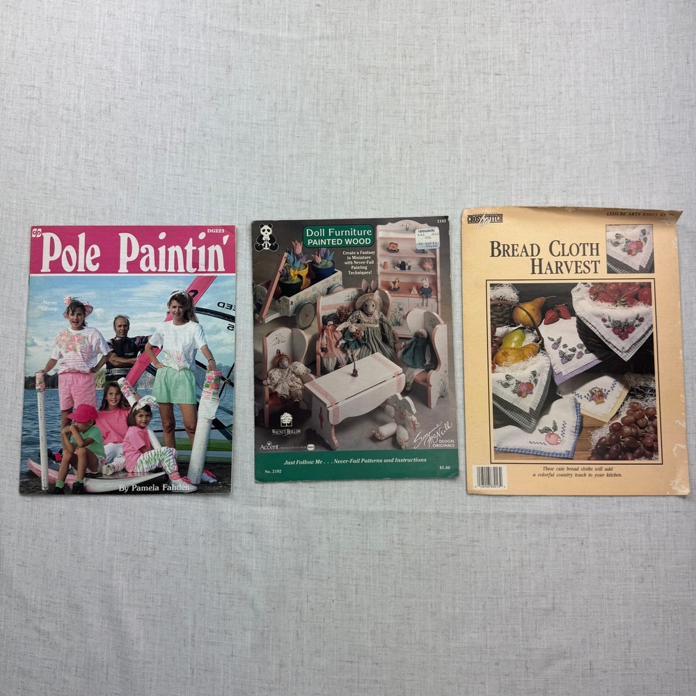 Vintage Craft Booklet Lot 3pc 90s Pole Paintin Doll Furniture Cross Stitch DIY